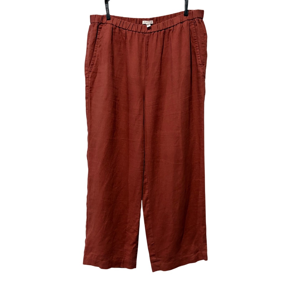 Eileen Fisher Wide Leg Pants Women Medium Rust Brown Organic Linen Elastic Crop